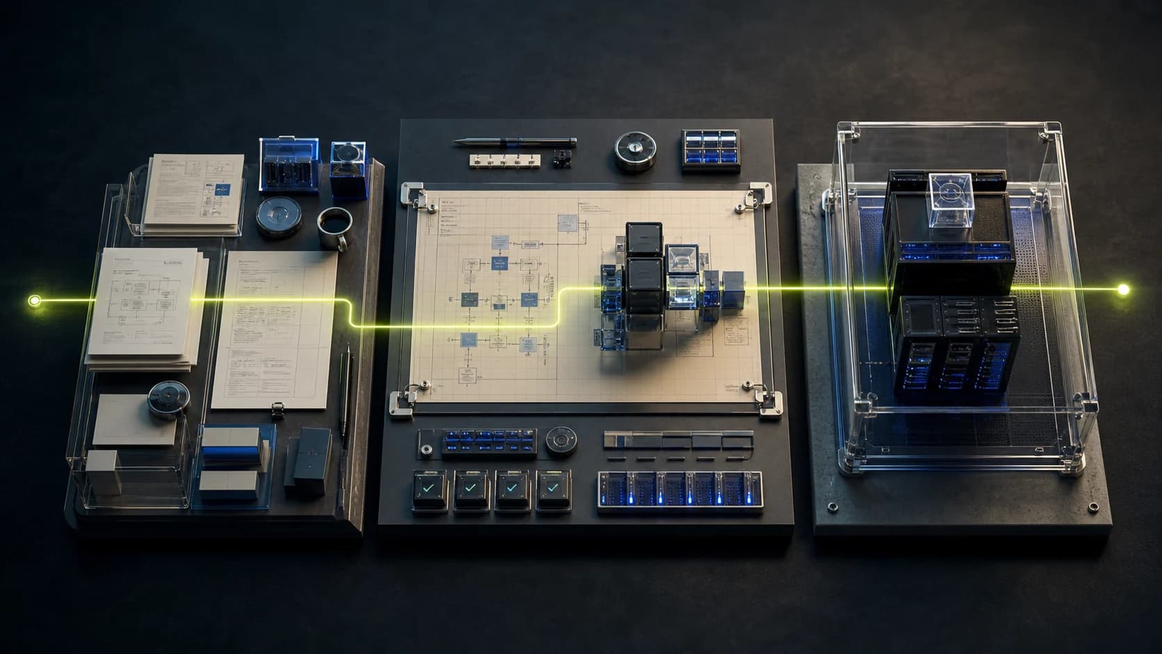 A bright connection moving from a business workflow through engineering into an owned production system